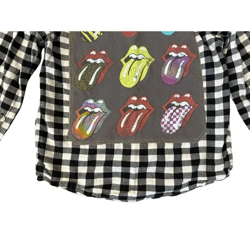 ROLLING STONES 70s Rock Retro Vintage Upcycled Plaid Flannel Kids Shirt L 10/12